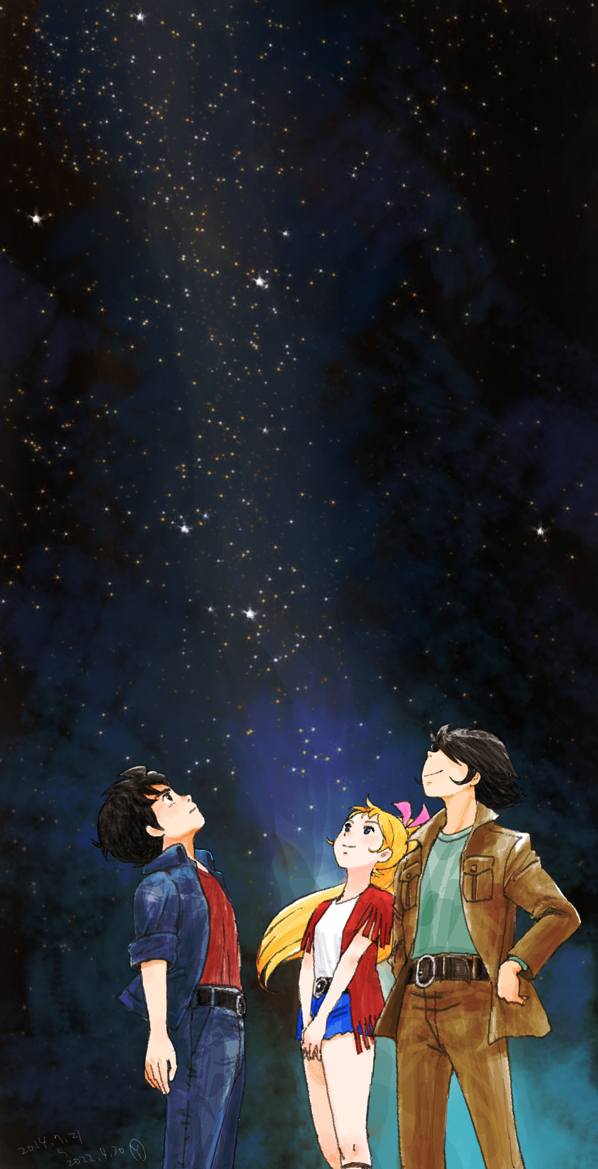 1girl, 2boys, belt, belt_buckle, black_eyes, black_hair, blonde_hair, blue_eyes