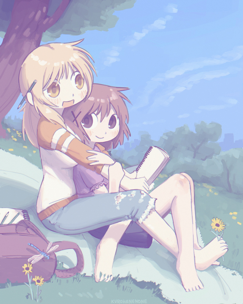 2girls, absurdres, artist_name, blonde_hair, breast_press, brown_eyes, brown_hair, bug, cuddling, denim, dragonfly, flower, hair_ornament, hairpin, hidamari_sketch, highres, holding, holding_another's_arm, holding_sketchbook, holding_with_feet, kurohanenone, leaning_on_person, long_hair, long_sleeves, looking_at_another, miyako_(hidamari_sketch), multiple_girls, on_ground, outdoors, pencil_behind_ear, picnic_blanket, pink_shirt, ponytail, shirt, sketchbook, skirt, sky, smile, tree, yellow_eyes, yuno_(hidamari_sketch)