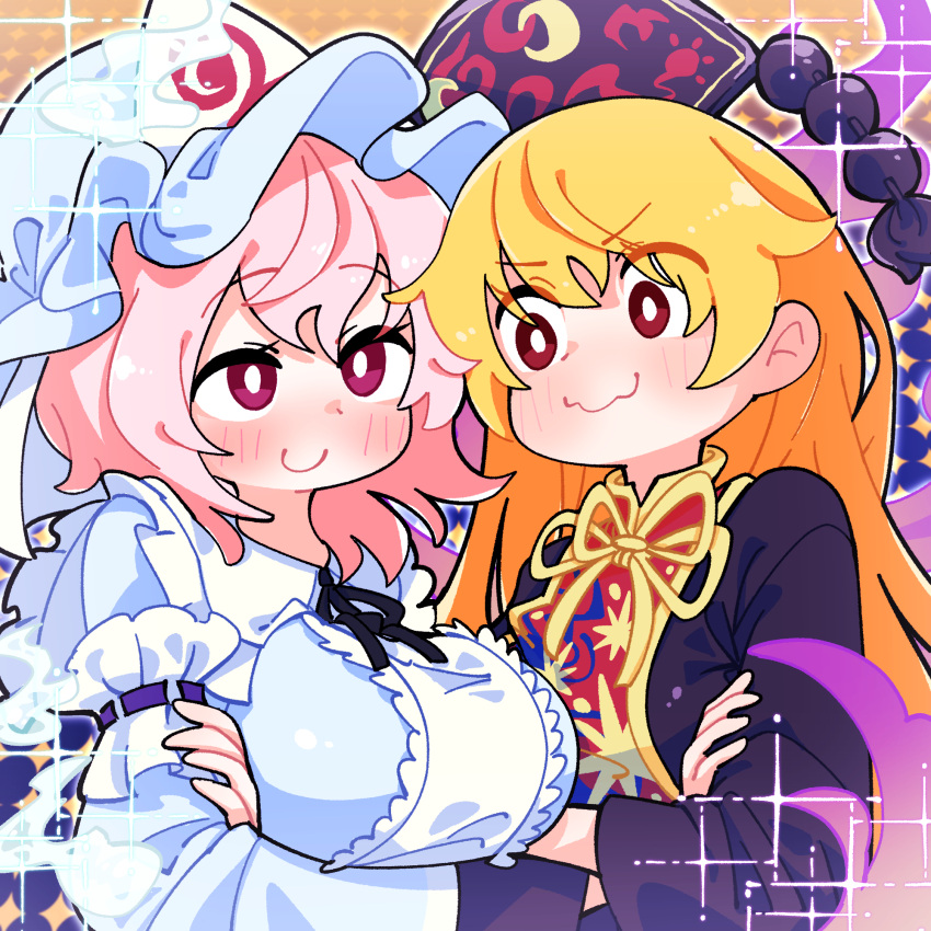 2girls, black_dress, blonde_hair, blue_kimono, blush, breast_envy, breast_size_difference, breasts