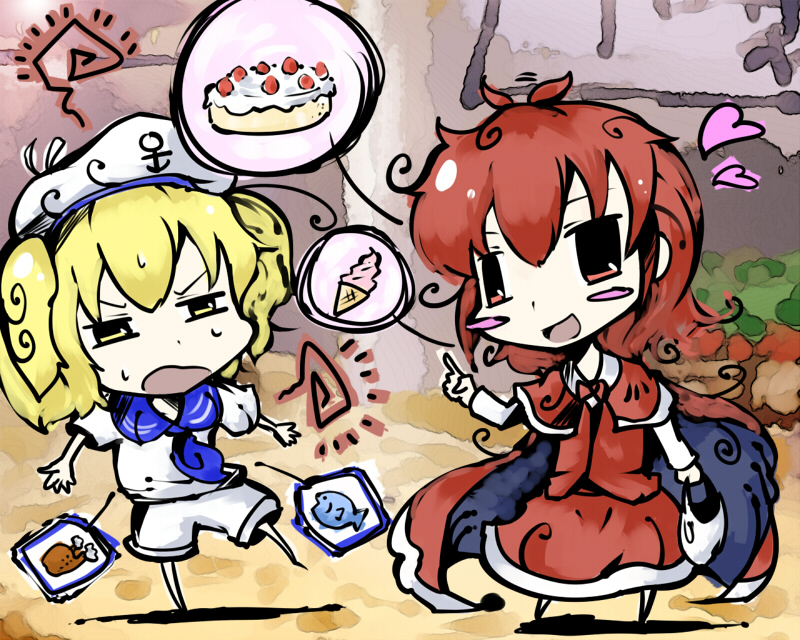 bad_id, bag, blonde_hair, blush_stickers, cake, cape, capelet, fish