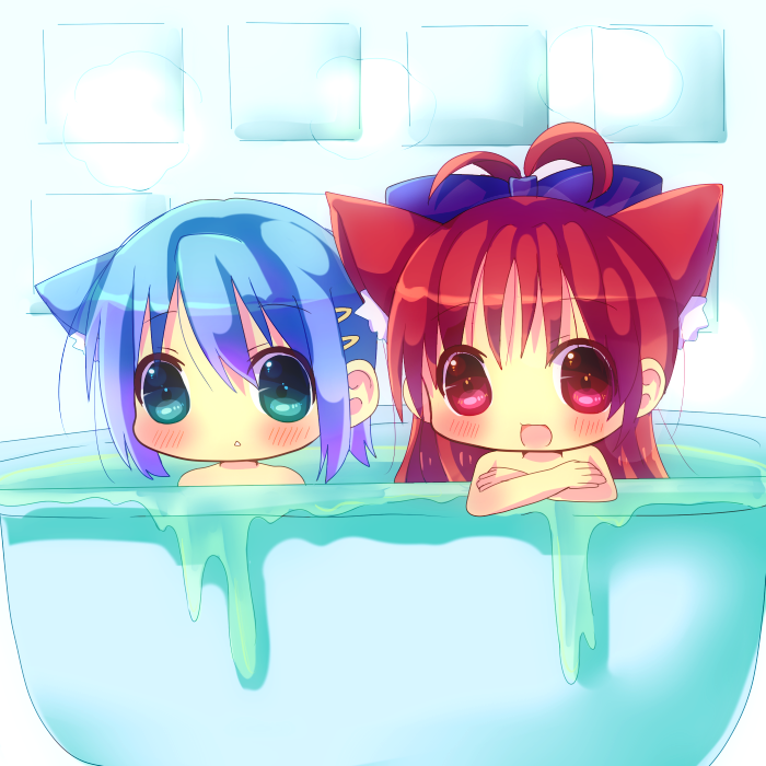 animal_ears, bathing, bathtub, blue_eyes, blue_hair, blush, bow, cat_ears
