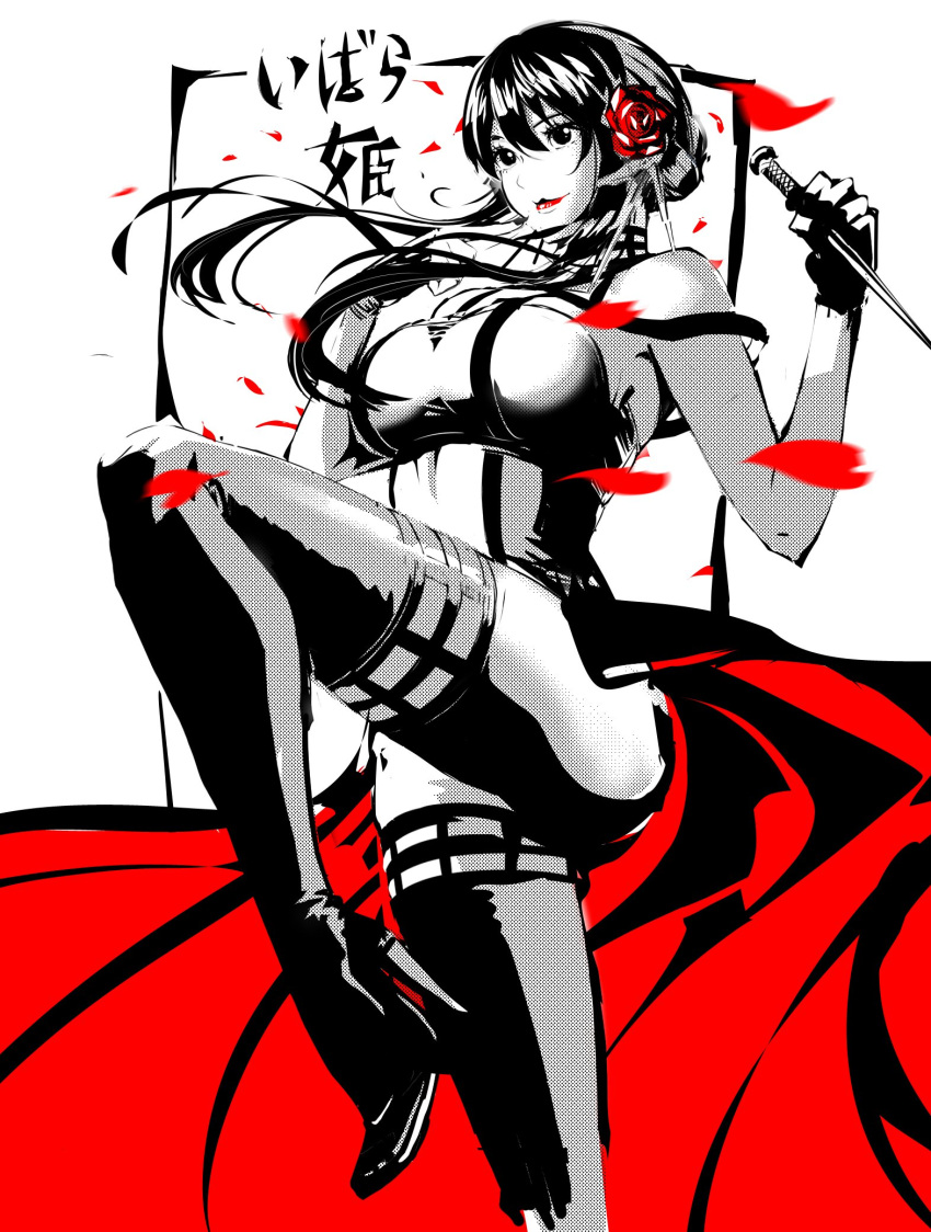 1girl, bare_shoulders, black_boots, black_dress, black_hair, boots, breasts, dagger