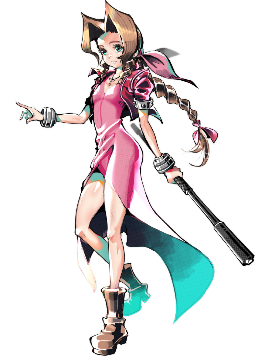 1girl, absurdres, aerith_gainsborough, bangle, boots, bracelet, braid, braided_ponytail, breasts, brown_boots, brown_hair, center_opening, choker, dress, fer_yoshimiya, final_fantasy, final_fantasy_vii, full_body, green_eyes, hair_ribbon, highres, holding, holding_staff, jewelry, light_smile, long_dress, long_hair, medium_breasts, parted_bangs, pink_dress, pink_ribbon, ribbon, ribbon_choker, sidelocks, single_braid, solo, staff, white_background