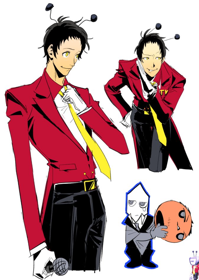 2boys, adachi_tooru, ant_tenna, ant_tenna_(cosplay), black_hair, black_pants, character_request, closed_mouth, commentary_request, cosplay, deltarune, holding, holding_microphone, jacket, korean_commentary, male_focus, microphone, multiple_boys, multiple_views, necktie, or_todd, pants, persona, persona_4, radio_antenna, red_jacket, shirt, short_hair, simple_background, smile, standing, utdr_(toby_fox), white_background, white_shirt, yellow_eyes, yellow_necktie
