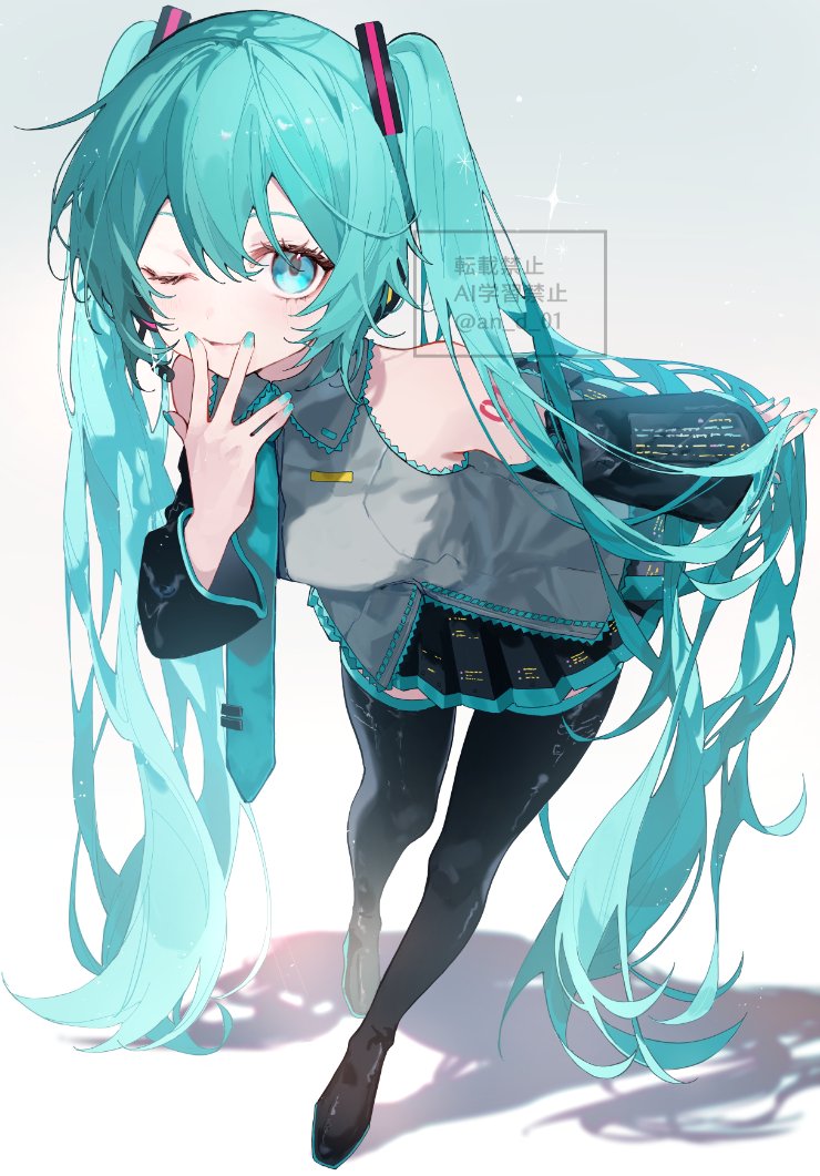 1girl, ;), an_d_01, aqua_eyes, aqua_hair, aqua_nails, aqua_necktie, bare_shoulders