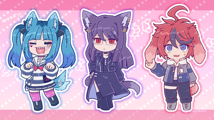 1boy, 2girls, :3, :d, ahoge, amemiya_darumi, animal_ear_piercing, animal_ears
