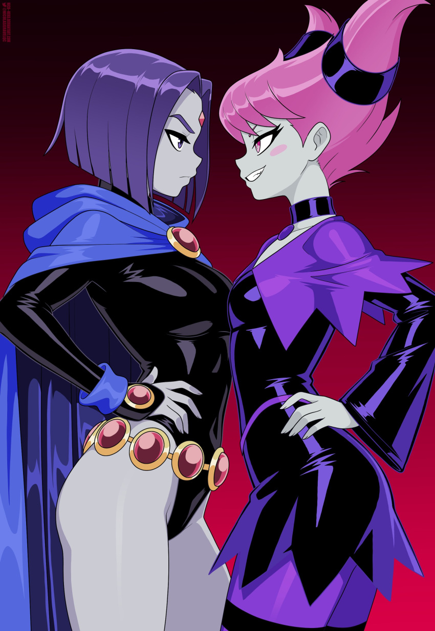 2girls, absurdres, asymmetrical_docking, belt, black_dress, black_leotard, blue_cape, blush_stickers, breast_press, breasts, cape, choker, colored_skin, dc_comics, dress, english_commentary, face-to-face, forehead_jewel, gem, gradient_background, grey_skin, hands_on_own_hips, highres, jinx_(dc), leotard, long_sleeves, medium_breasts, multiple_girls, nico-neko, pink_eyes, pink_hair, purple_hair, raven_(dc), small_breasts, teen_titans, twitter_username, violet_eyes, wide_sleeves
