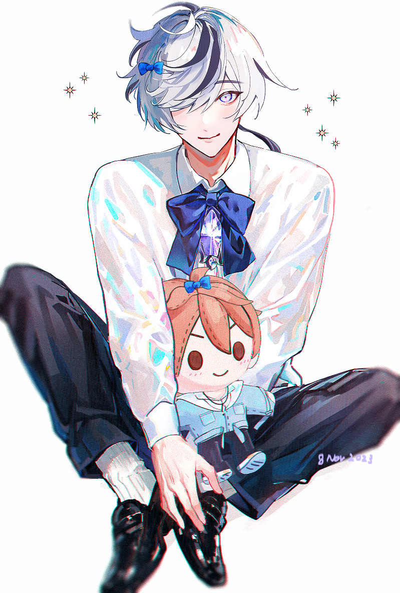 1boy, ahoge, black_hair, black_pants, black_shoes, blade_(nu_carnival), blue_bow, blue_bowtie