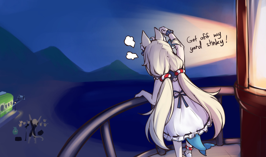 2girls, absurdres, animal_ear_fluff, animal_ears, arm_up, bare_arms, beach, bubbles_(dooby), cat_ears, commentary, dooby_(vtuber), dreamplanes, dress, english_commentary, english_text, fins, fish_tail, highres, indie_virtual_youtuber, kippu_(dooby), lifebuoy_hair_ornament, lighthouse, long_hair, low_twintails, microphone_stand, mountainous_horizon, multiple_girls, outdoors, puff_of_air, railing, sameko_saba, scrunchie, sleeveless, sleeveless_dress, tail, train, twintails, very_long_hair, virtual_youtuber, white_dress, wrist_scrunchie