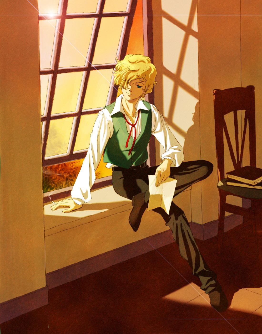 1boy, belt, black_belt, black_pants, black_shoes, blonde_hair, blue_eyes, book