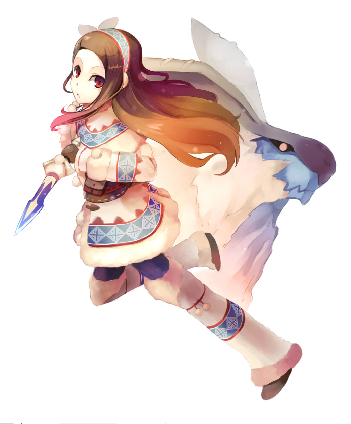brown_hair, crossover, dagger, hairband, idolmaster, kneehighs, long_hair, minase_iori, monster_hunter, monster_hunter_portable_3rd, parody, pos, simple_background, urukususu, urukususu_(armor), weapon