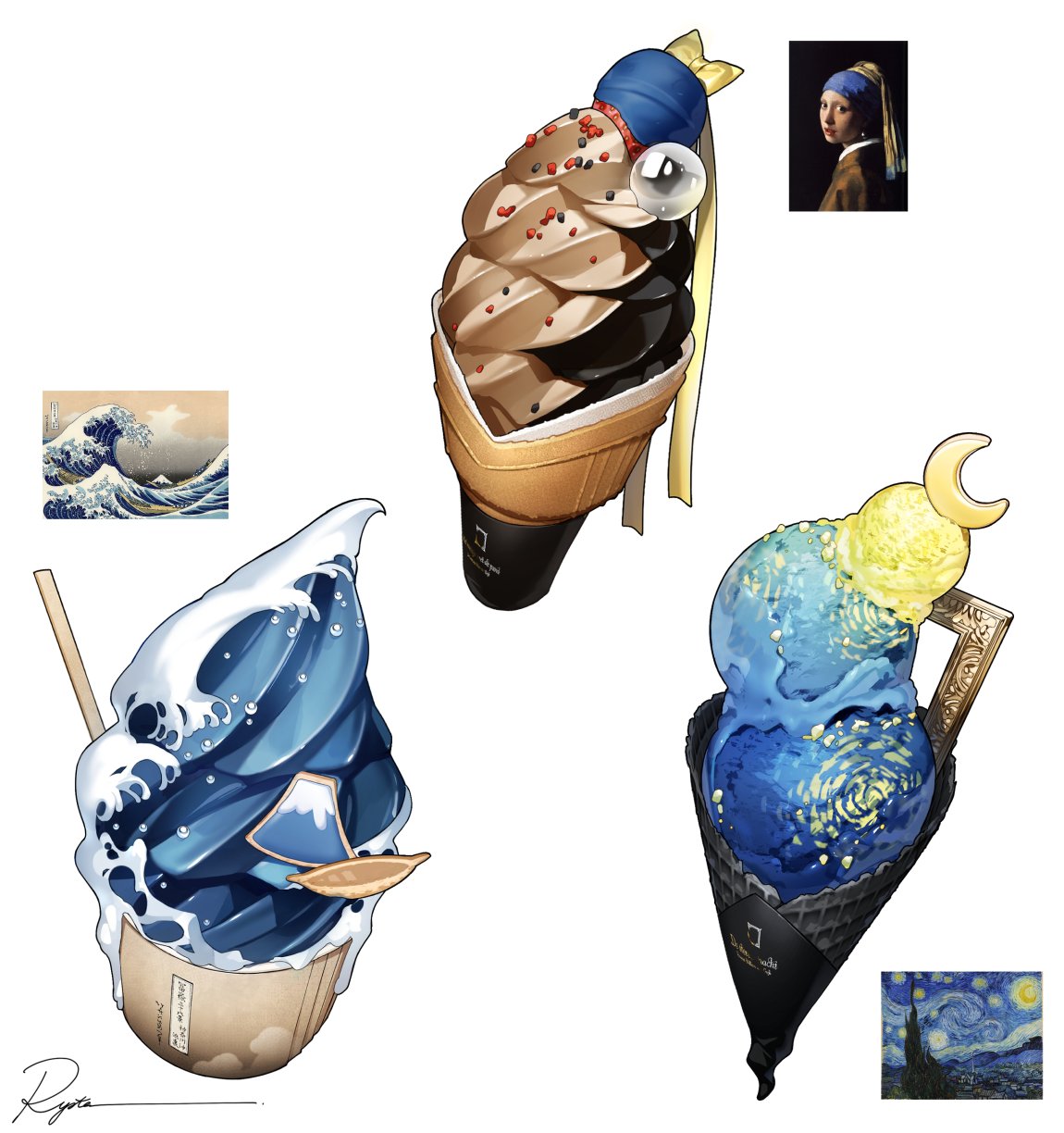 1girl, artist_name, fine_art_parody, food, foodification, girl_with_a_pearl_earring, highres, ice_cream