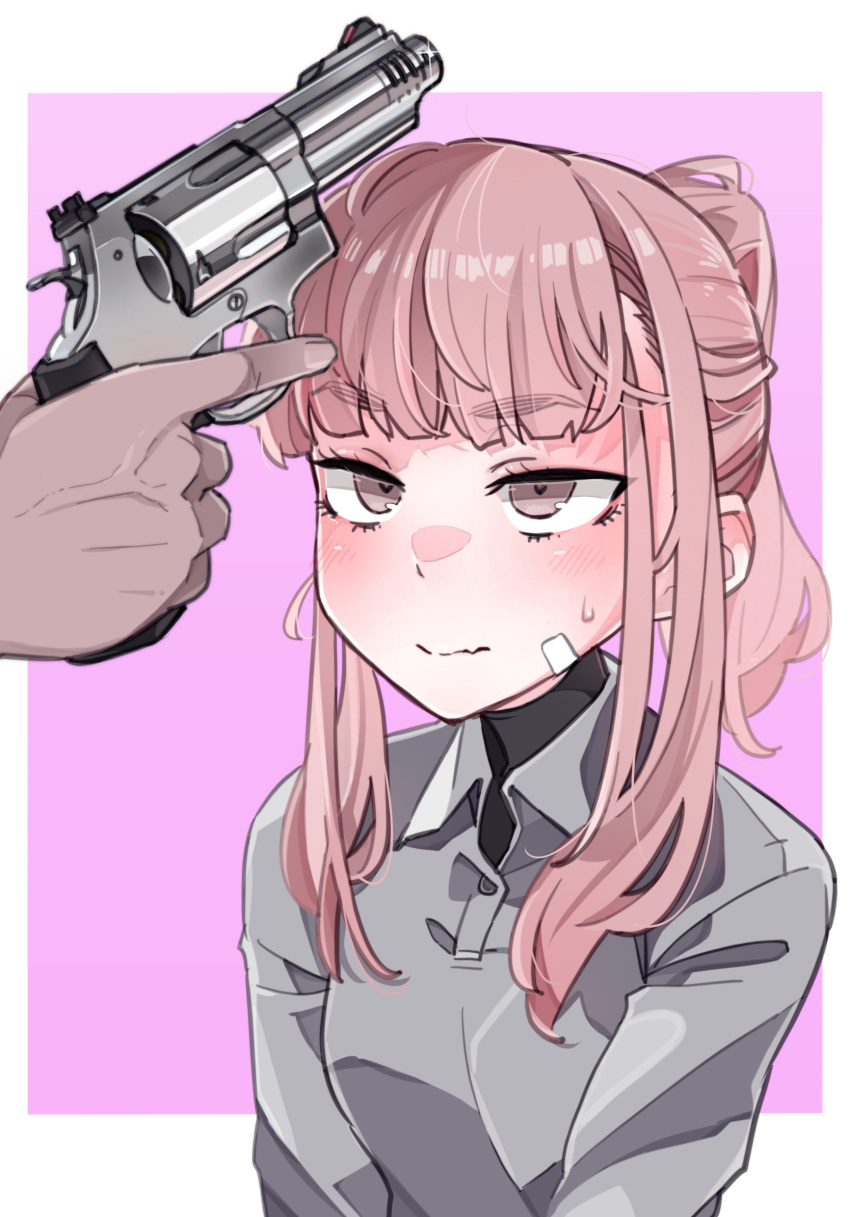1boy, 1girl, air_glen, bandaid, bandaid_on_face, blush, brown_eyes, collared_shirt