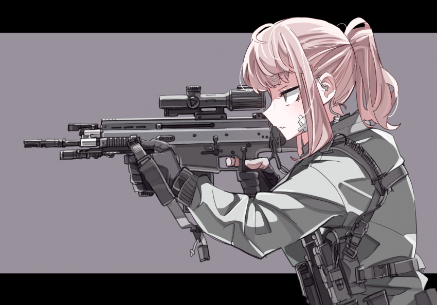 1girl, aiming, air_glen, bandaid, bandaid_on_cheek, bandaid_on_face, battle_rifle, black_gloves