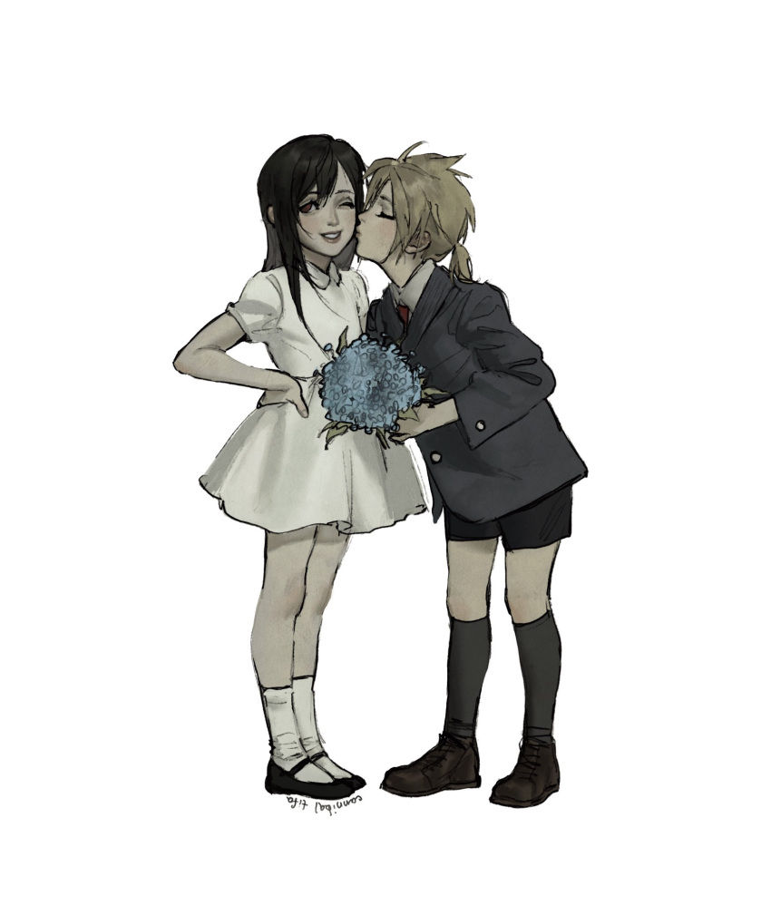 1boy, 1girl, aged_down, black_hair, black_shoes, black_shorts, blonde_hair, blue_flower
