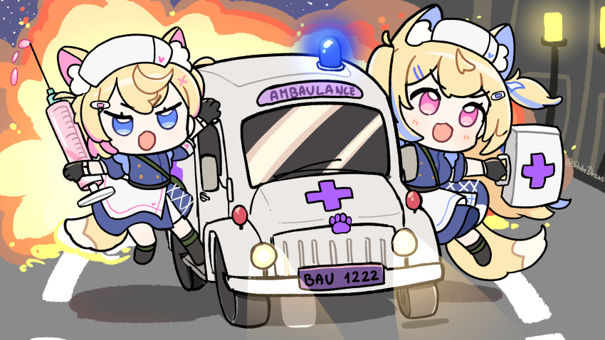 2girls, :d, ambulance, animal_ear_fluff, animal_ears, arm_up, black_boots, black_gloves