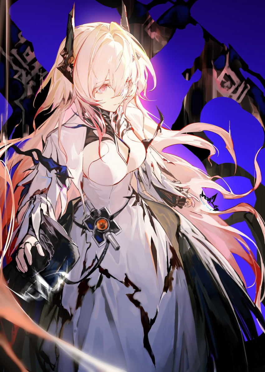 1girl, arknights, black_dress, black_horns, capelet, cleavage_cutout, clothing_cutout, dooduck