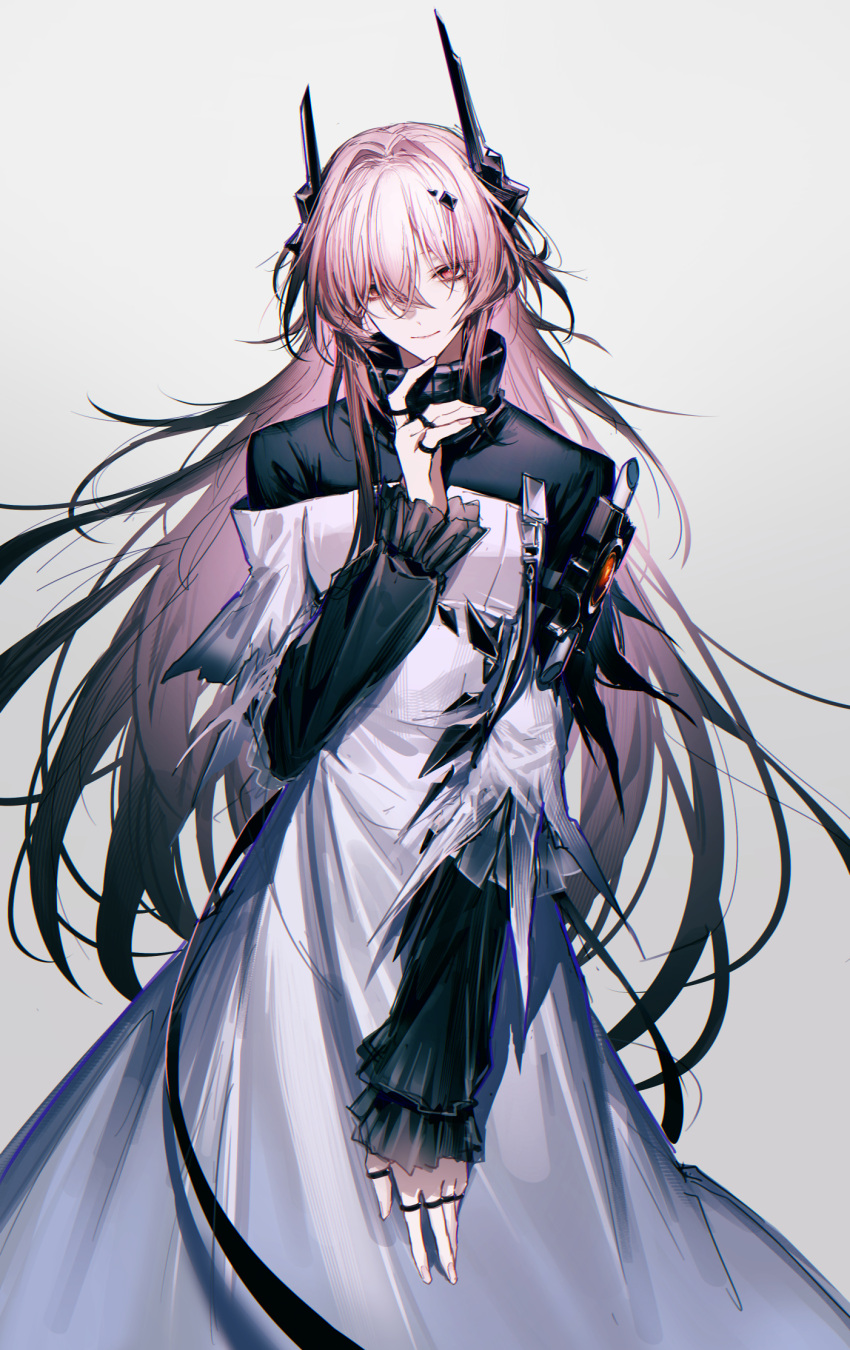 1girl, arknights, black_dress, black_horns, dress, gradient_hair, grey_background, highres