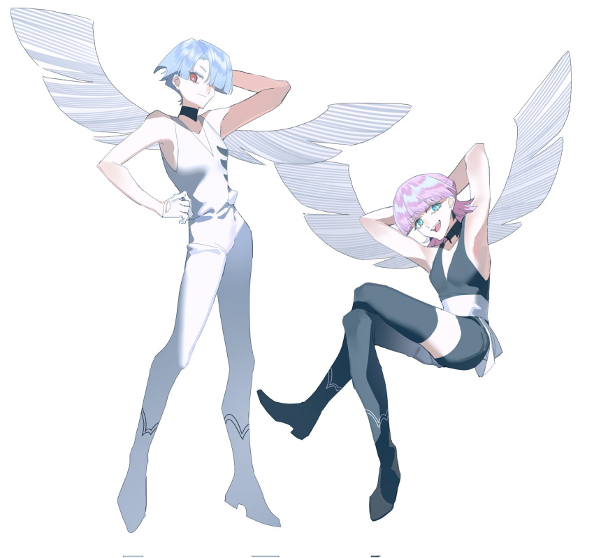asymmetrical_clothes, black_jumpsuit, boots, brothers, highres, jumpsuit, k_morghania, panty_&amp;_stocking_with_garterbelt, polyester_(psg), polyurethane_(psg), siblings, single_pantsleg, single_thigh_boot, sleeveless_jumpsuit, thigh_boots, waist_ribbon, white_jumpsuit
