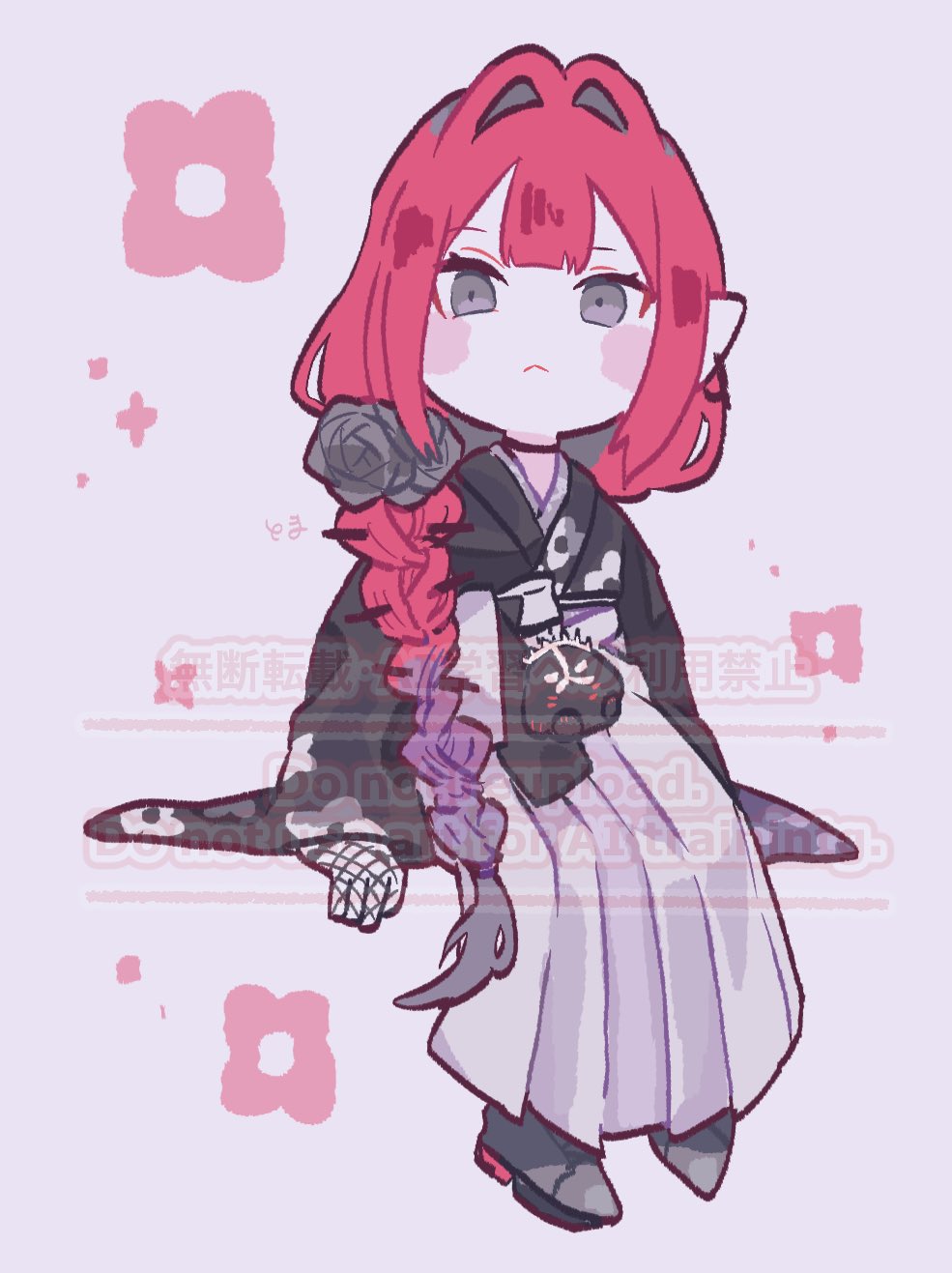 1girl, baobhan_sith_(fate), baobhan_sith_(over_the_same_sky)_(fate), black_kimono, black_shoes, blush, cernunnos_(fate), earrings