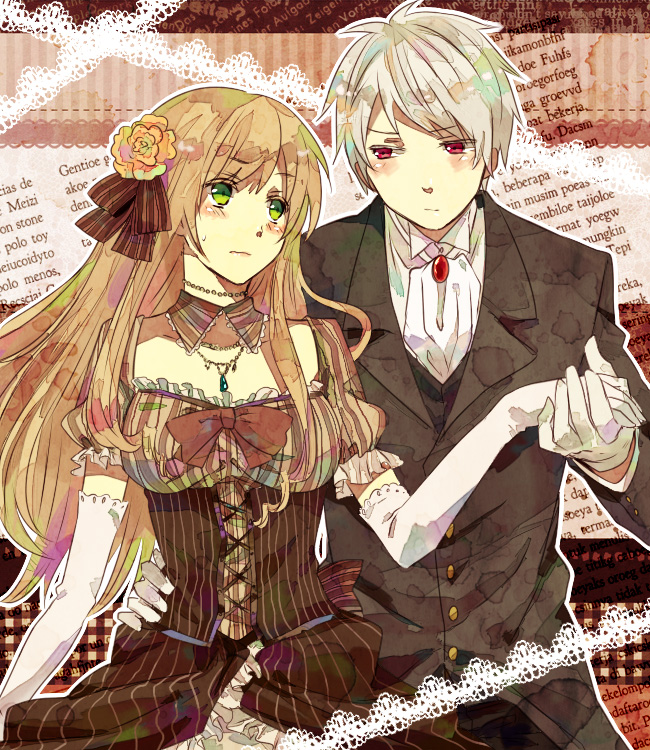1girl, axis_powers_hetalia, blush, brown_hair, couple, dress, elbow_gloves, flower