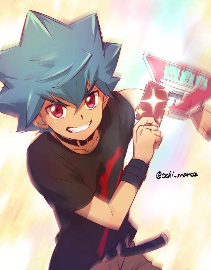1boy, black_shirt, blue_hair, card, cowboy_shot, duel_disk, holding, holding_card