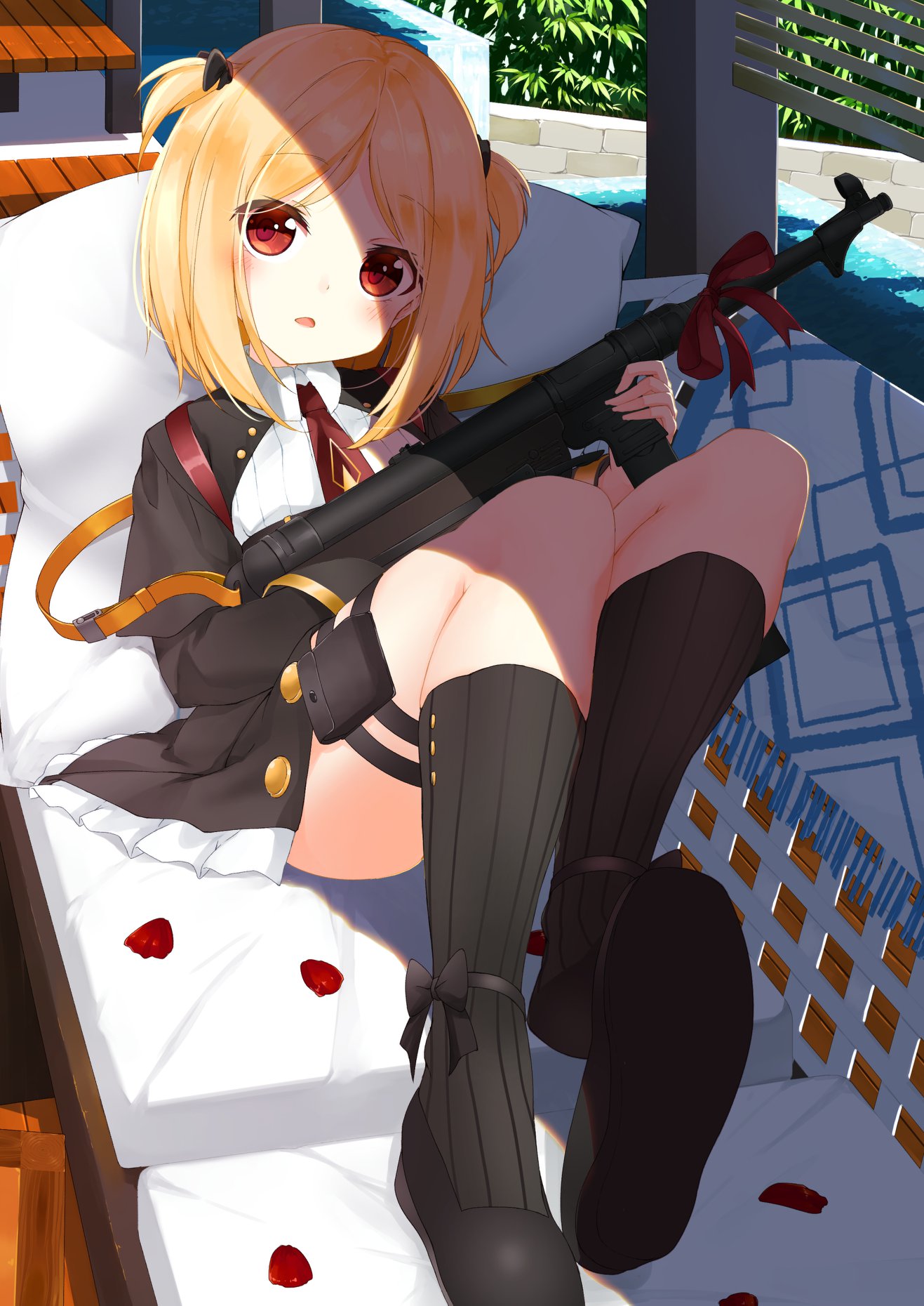 1girl, :o, aged_down, bench, black_bow, black_shoes, black_socks, blonde_hair