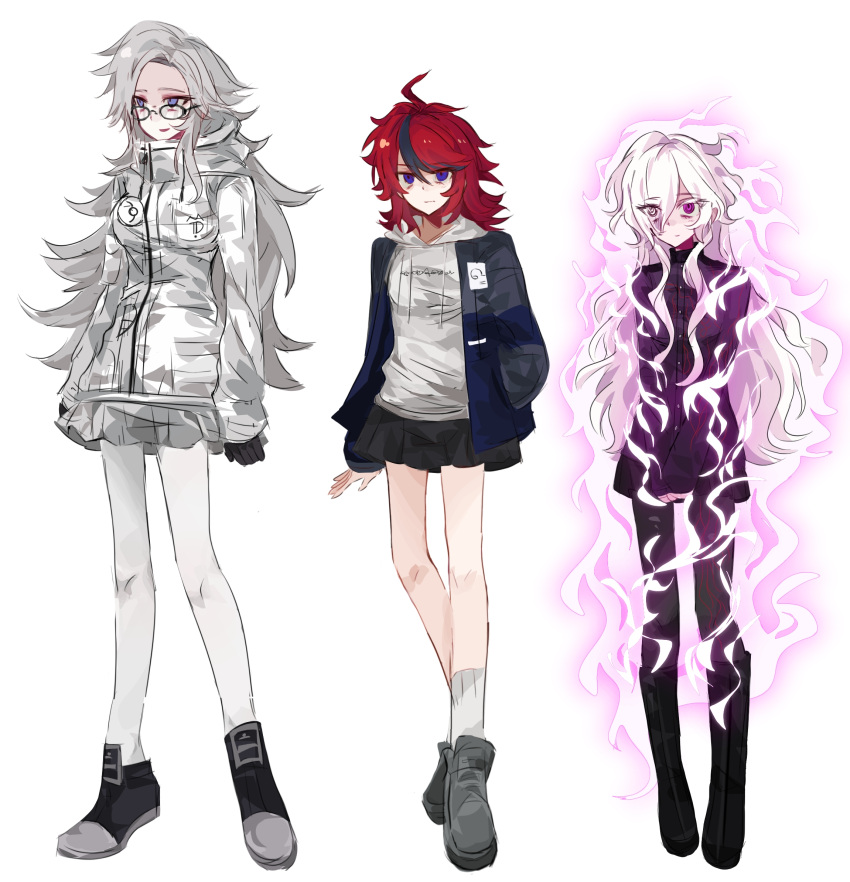 3girls, adapted_costume, ahoge, aotsuki_eito, black_boots, black_gloves, black_hair, black_jacket