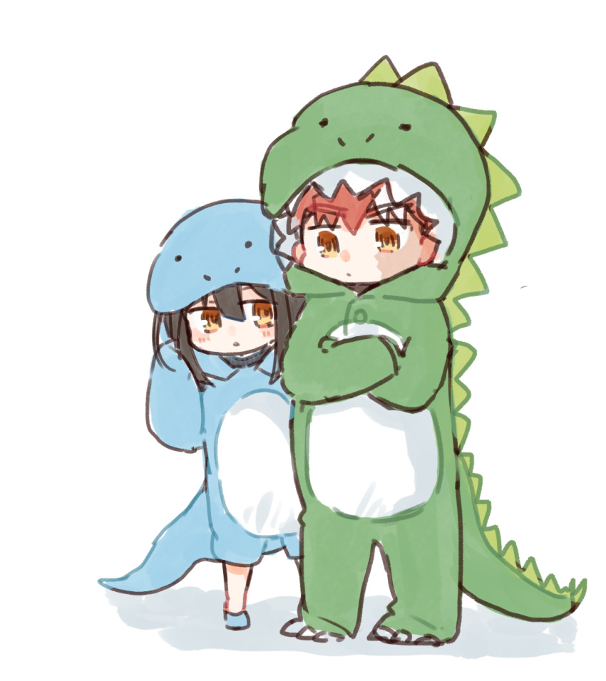 1boy, 1girl, black_hair, brother_and_sister, colored_skin, dinosaur, dinosaur_tail, emiya_shirou