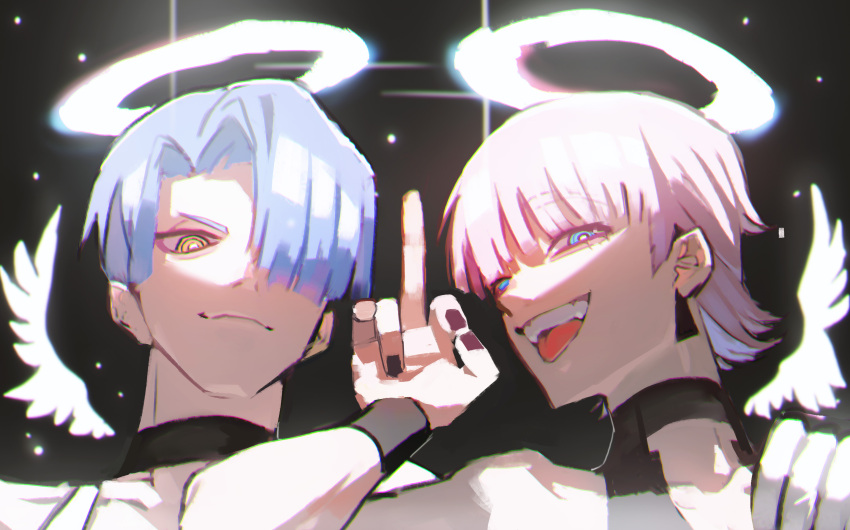2boys, absurdres, angel, angel_wings, black_choker, blue_eyes, choker, halo, highres, middle_finger, multiple_boys, panty_&amp;_stocking_with_garterbelt, pink_hair, polyester_(psg), polyurethane_(psg), purple_hair, red_eyes, ringed_eyes, so-rann, tongue, tongue_out, wings