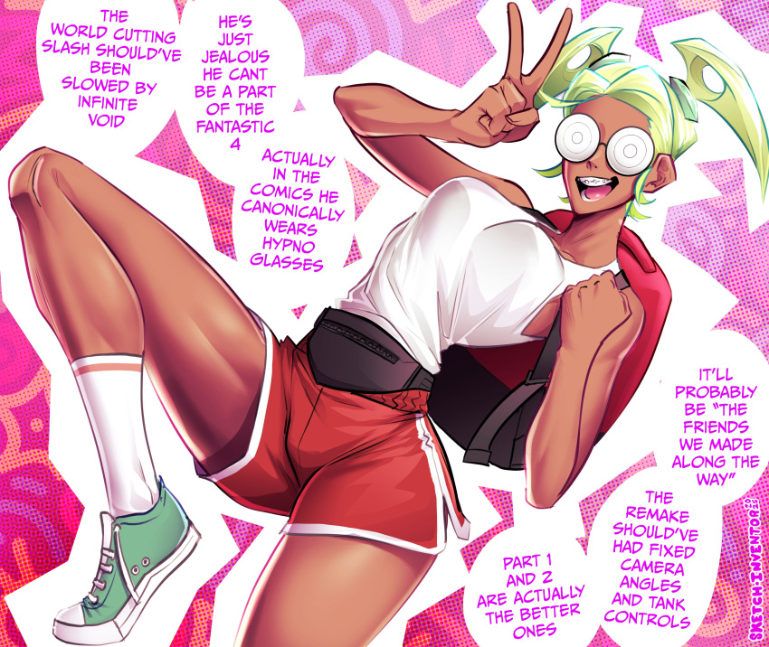 absurdres, backpack, bag, braces, coke-bottle_glasses, dark-skinned_female, dark_skin, dolphin_shorts