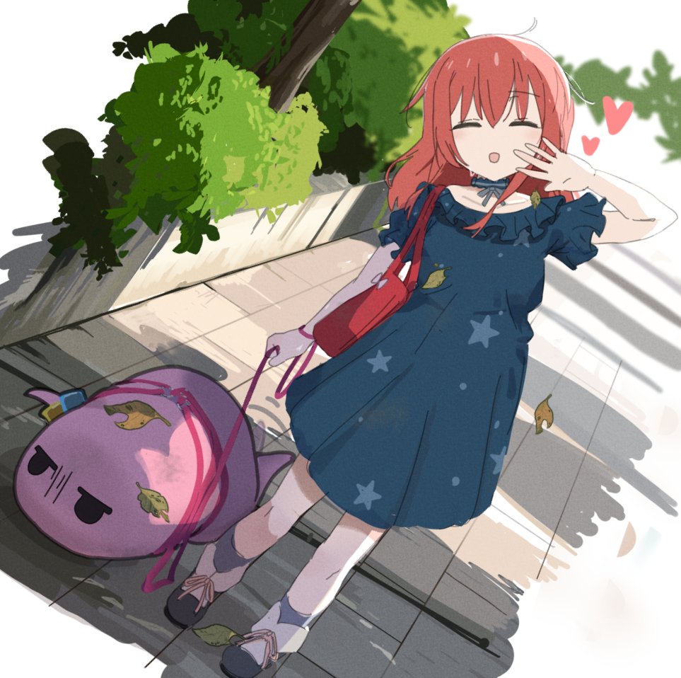 2girls, bareichan, bending, blue_choker, blue_dress, bobby_socks, bocchi_the_rock!, bush