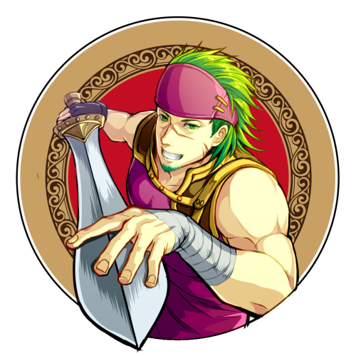 1boy, bandaged_wrist, bandages, commentary_request, facial_hair, fingerless_gloves, fire_emblem, fire_emblem:_the_sacred_stones