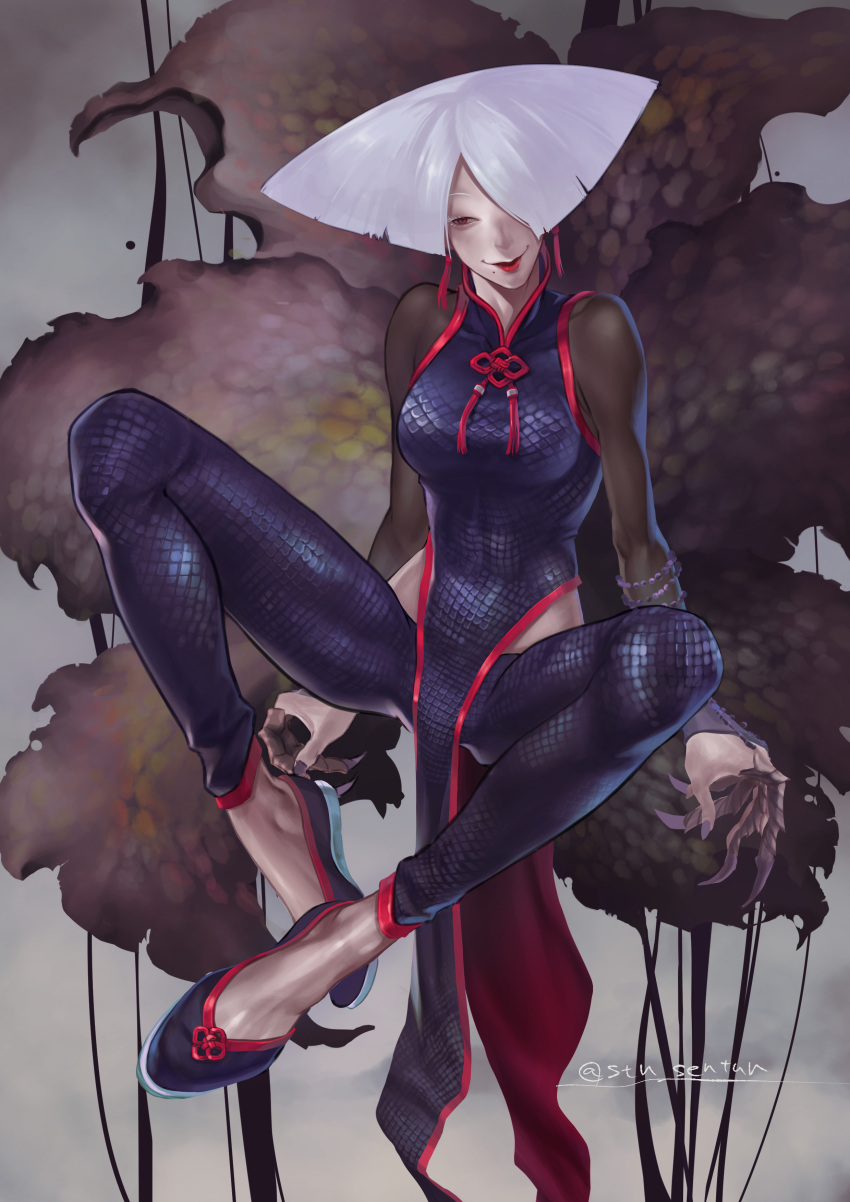 1girl, a.k.i._(street_fighter), absurdres, black_dress, black_pants, breasts, china_dress, chinese_clothes