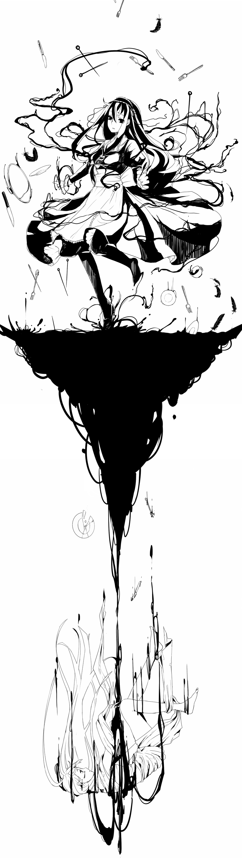 absurdres, broken, falling, feathers, fork, highres, knife, long_hair