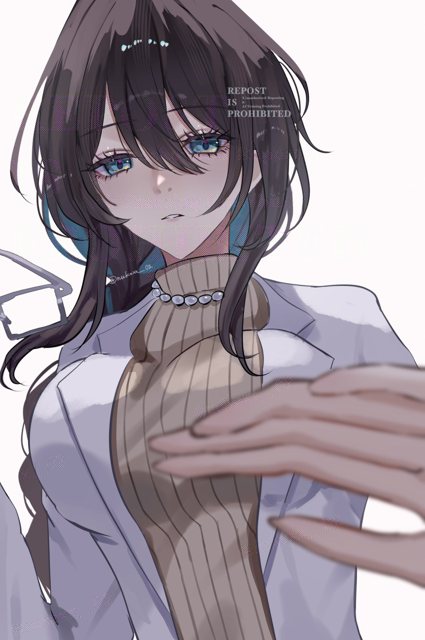 1girl, aqua_eyes, aqua_hair, bead_necklace, beads, black_hair, breasts, coat, hair_between_eyes, highres, honkai:_star_rail, honkai_(series), jewelry, large_breasts, long_hair, looking_at_viewer, multicolored_hair, necklace, nukoxx_02, parted_lips, ruan_mei_(honkai:_star_rail), simple_background, solo, sweater, two-tone_hair, upper_body, watermark, white_coat, yellow_sweater