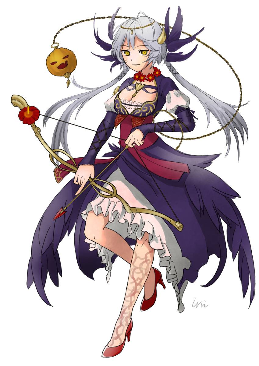 1girl, absurdres, artistic_error, bow_(weapon), breasts, chaos_karen_(grimms_notes), dress, full_body