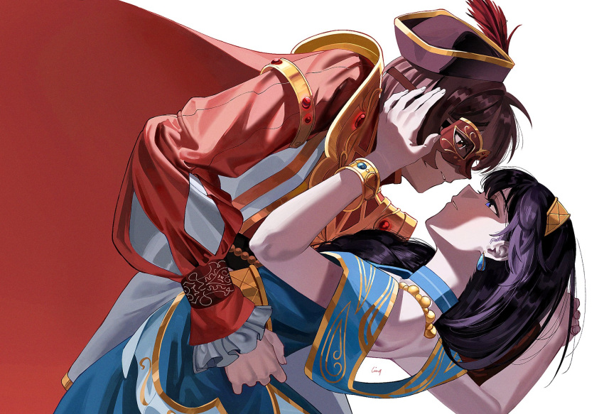 2girls, aijou_karen, arched_back, arms_up, bare_shoulders, blue_choker, blue_dress, blue_eyes