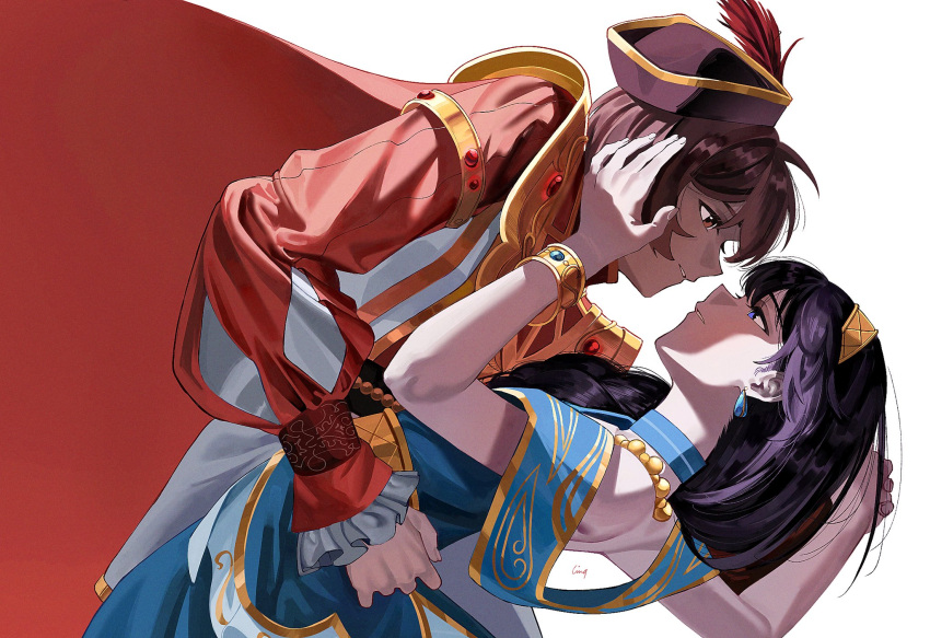 2girls, aijou_karen, arched_back, arms_up, bare_shoulders, blue_choker, blue_dress, blue_eyes