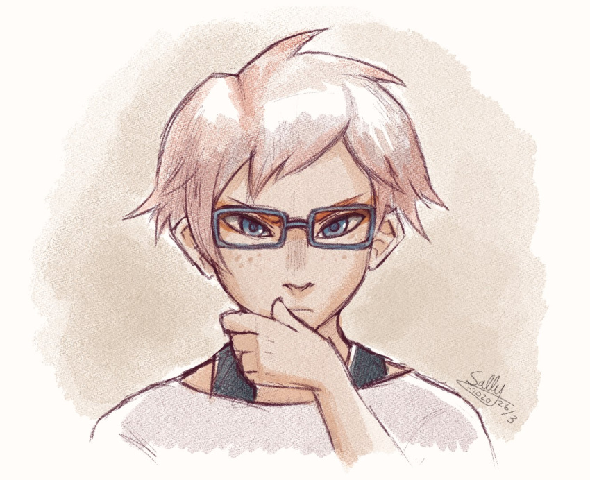 1girl, blue-framed_eyewear, blue_eyes, closed_mouth, commentary, dated, english_commentary, freckles