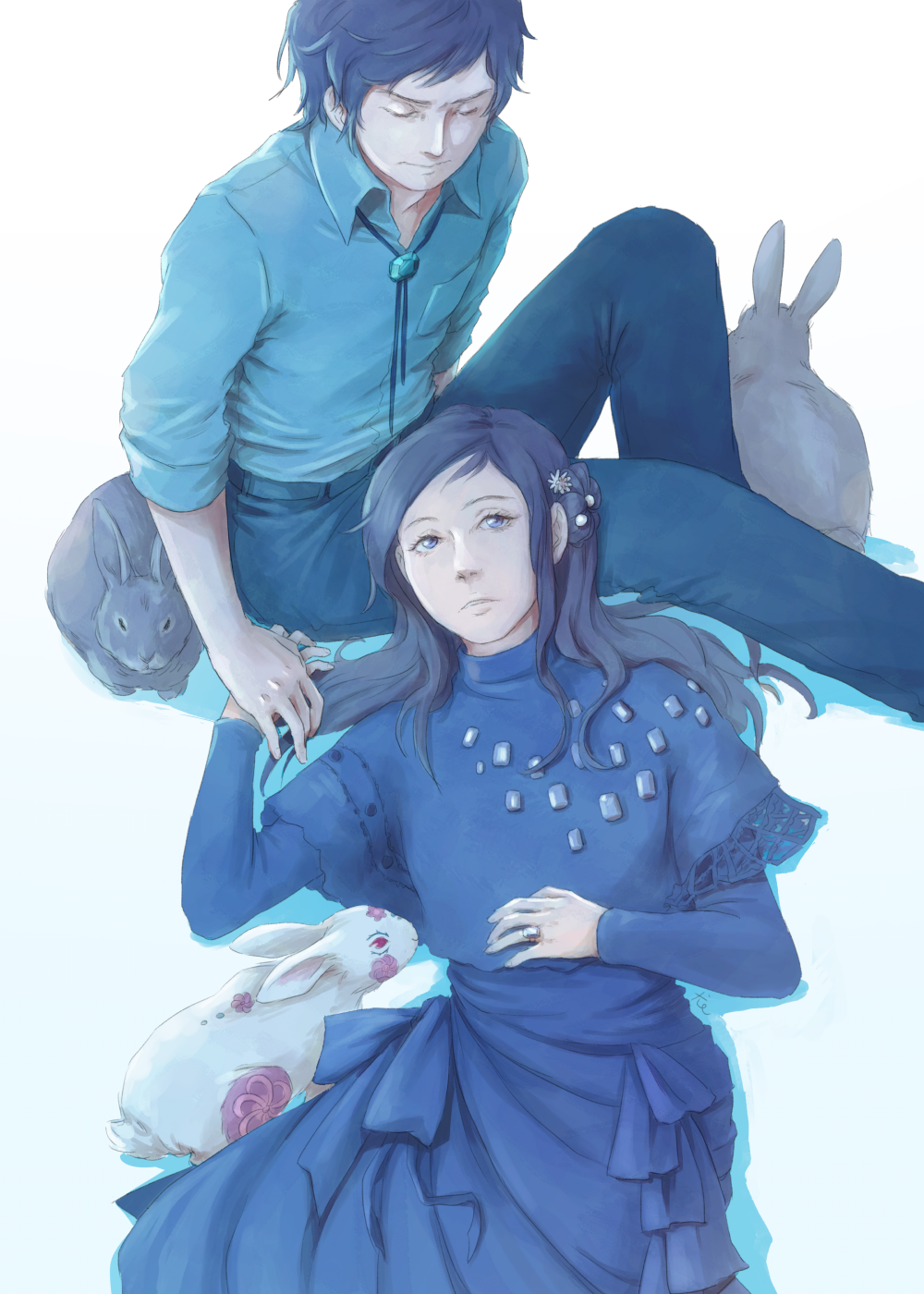 1boy, 1girl, blue_dress, blue_pants, blue_shirt, bolo_tie, breast_pocket, brown_hair