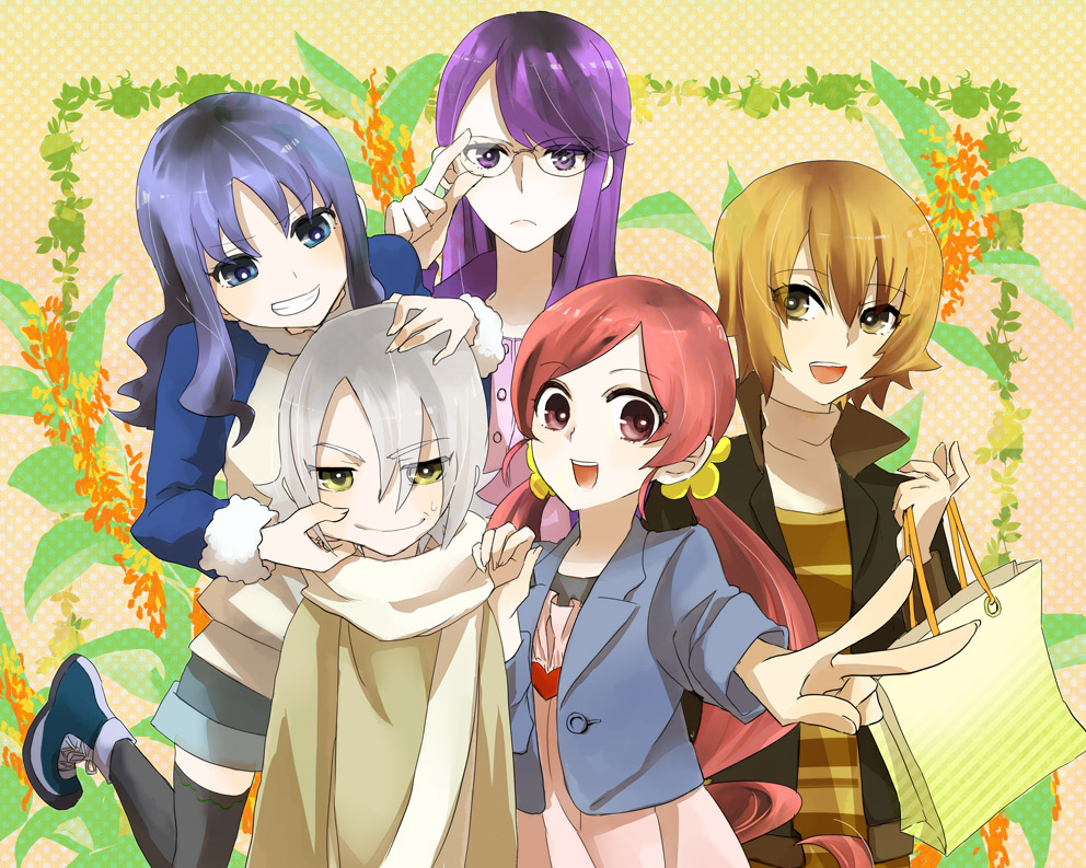 4girls, adjusting_glasses, bag, blonde_hair, blue_eyes, blue_hair, casual, cheek_pinch