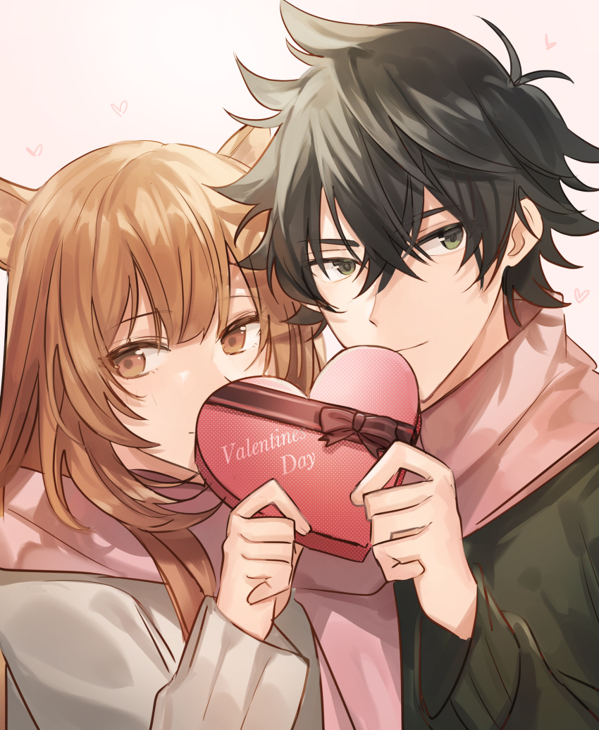 1boy, 1girl, absurdres, alternate_eye_color, black_hair, blunt_bangs, box, box_of_chocolates, brown_eyes, brown_hair, closed_mouth, commentary, english_commentary, eyelashes, green_eyes, green_sweater, hair_between_eyes, hand_up, heart-shaped_box, highres, holding, holding_box, holding_together, iwatani_naofumi, light_smile, long_hair, looking_at_viewer, messy_hair, pink_scarf, portrait, raphtalia, scarf, second-party_source, shared_clothes, shared_scarf, short_hair, sidelocks, simple_background, smile, straight_hair, sweater, tate_no_yuusha_no_nariagari, tsugutoku, valentine, white_background, white_sweater