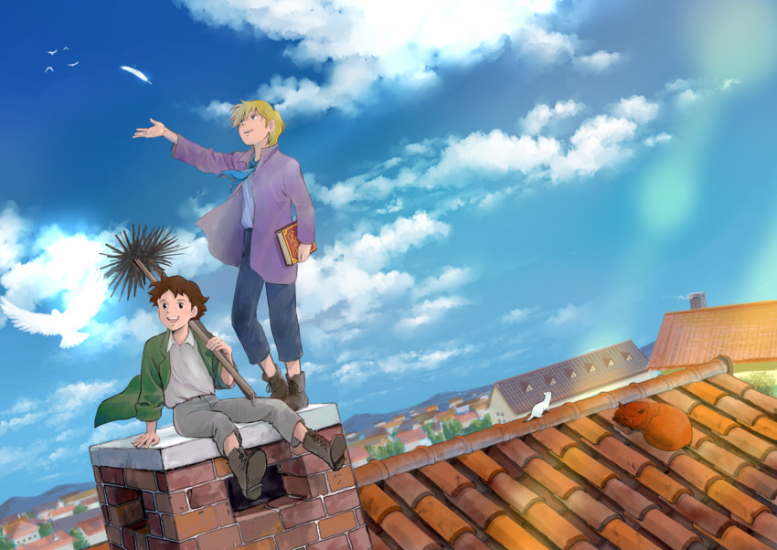 2boys, alfredo_martini, animal, arm_up, bird, black_boots, black_eyes, blonde_hair