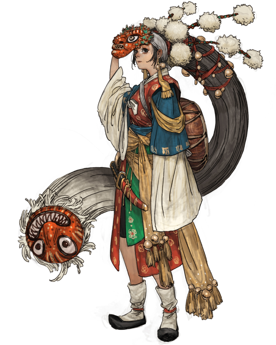 1girl, absurdly_long_hair, adjusting_mask, arm_at_side, arm_up, bell, black_boots, black_eyes, black_hair, black_shorts, boots, breasts, closed_mouth, collar, colored_tips, dagger, fold-over_collar, full_body, hair_bell, hair_ornament, holding, holding_mask, jingle_bell, jingle_bell_earrings, knife, layered_sleeves, long_hair, long_sleeves, mask, multicolored_boots, multicolored_hair, nostrils, original, pointy_shoes, print_vest, red_mask, red_vest, sash, sentient_hair, sheath, short_over_long_sleeves, short_sleeves, shorts, simple_background, single_sleeve_past_fingers, small_breasts, solo, standing, tachi-e, tahra, two-tone_boots, very_long_hair, vest, weapon, white_background, white_boots, white_collar, white_hair, white_sleeves, yellow_sash