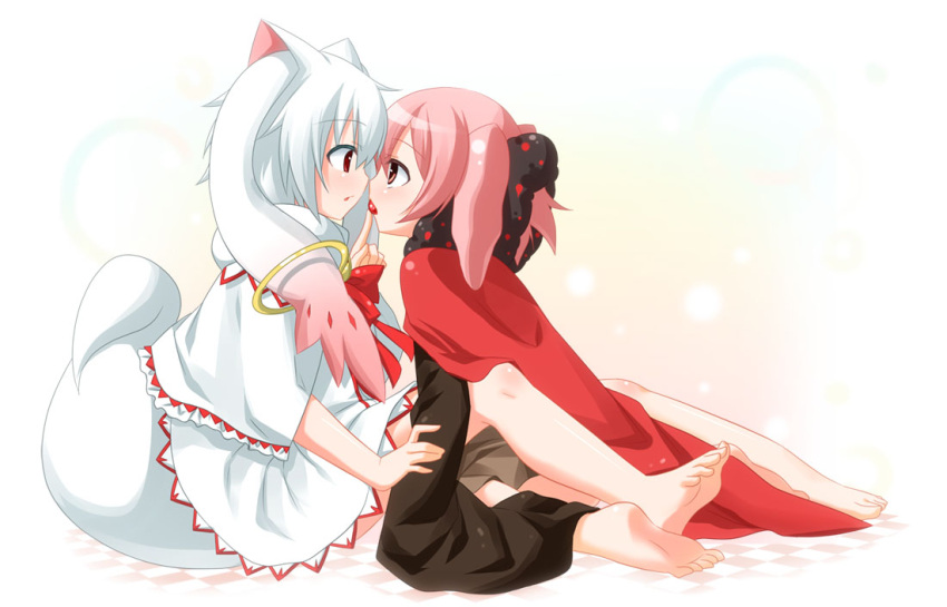 animal_ears, bare_legs, barefoot, blush, brown_eyes, charlotte_(madoka_magica), face-to-face, face_to_face