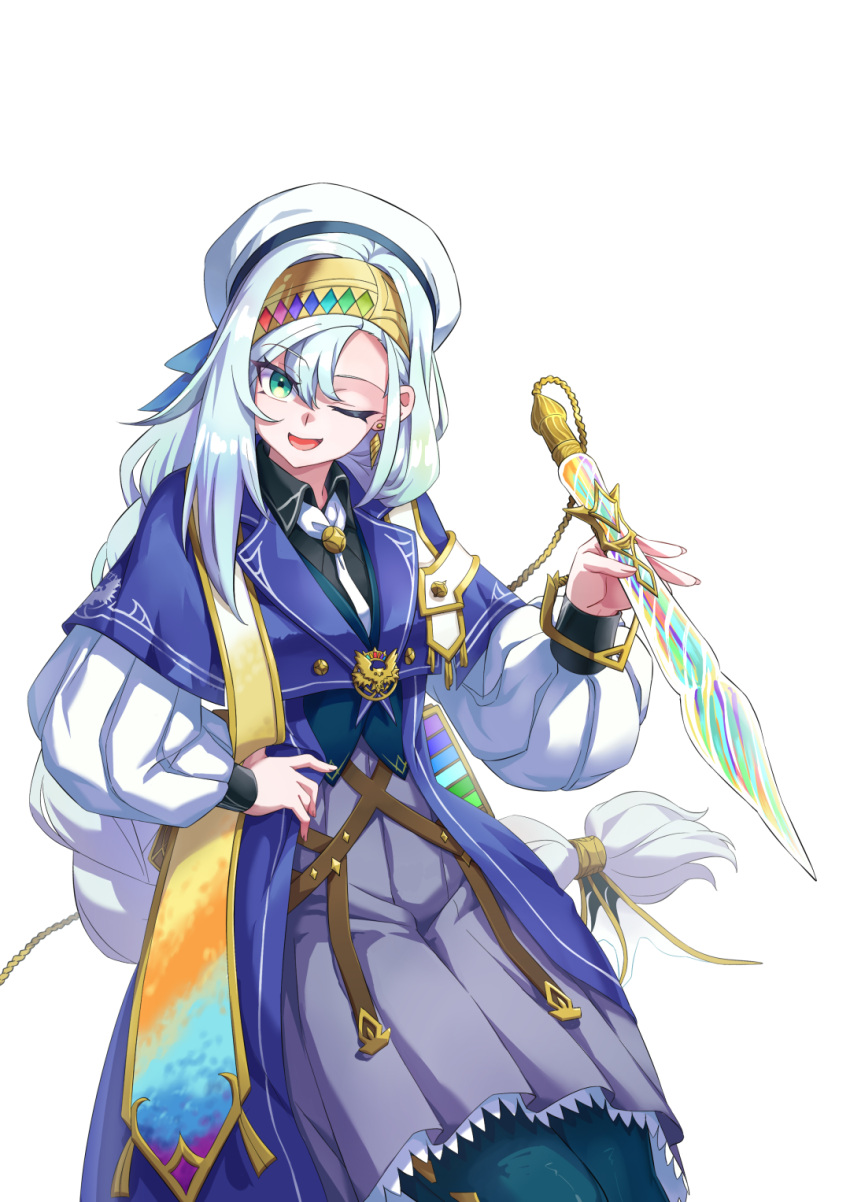 1girl, artmagia_finemelt, beret, black_shirt, blue_coat, blue_hair, braid, coat