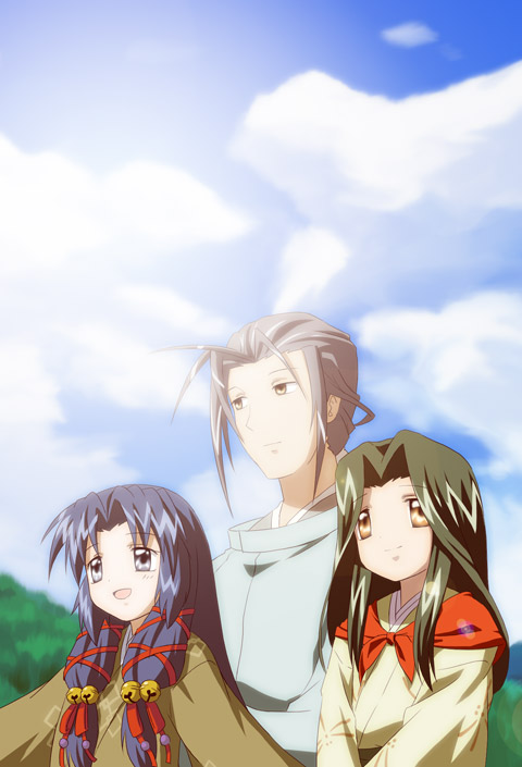 1boy, 2girls, air_(visual_novel), anime_coloring, archived_source, bad_link, bell, bloom, blue_eyes, blue_hair, blue_sky, blush, brown_kimono, brown_sleeves, clouds, cloudy_sky, curtained_hair, firefly_print, forest, green_hair, grey_hair, grey_kimono, hair_bell, hair_intakes, hair_ornament, hair_over_shoulder, hair_ribbon, japanese_clothes, jingle_bell, kannabi_no_mikoto, kariginu, kimono, lens_flare, light_particles, long_hair, long_sidelocks, looking_ahead, looking_to_the_side, low_ponytail, mature_male, motoyui, multiple_girls, nagian, nature, nose, official_style, open_mouth, outdoors, parted_bangs, ponytail, print_kimono, print_sleeves, red_ribbon, ribbon, ryuuya, sidelocks, sky, spiky_hair, split_mouth, straight_hair, sun_glare, tall_male, tongue, upper_body, uraha_(air), very_long_sidelocks, walking, x_hair_ornament, yellow_eyes, yellow_kimono