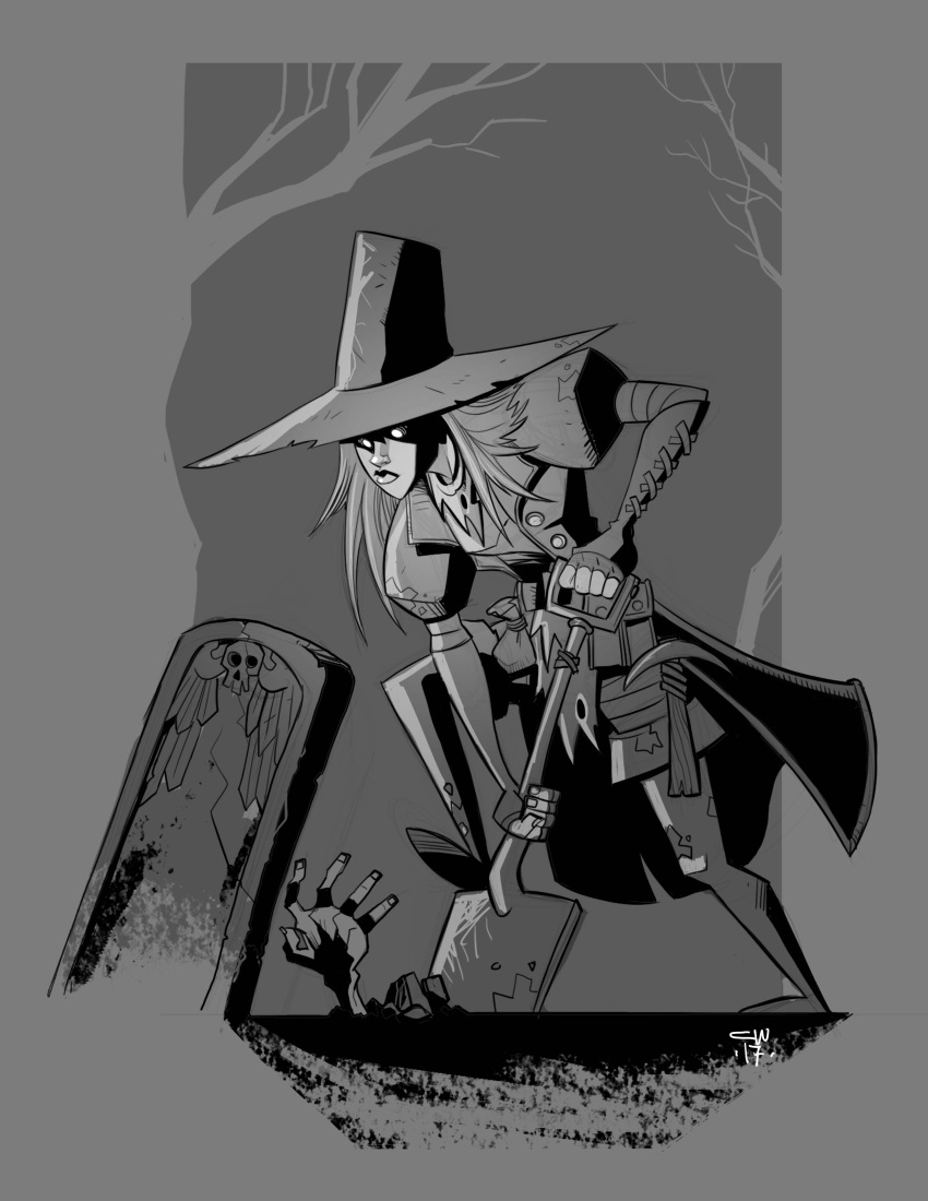 1girl, absurdres, boots, coat, cwalton73, darkest_dungeon, gloves, graverobber_(darkest_dungeon), greyscale, hat, highres, holding, holding_shovel, long_hair, monochrome, overcoat, pickaxe, pouch, shovel, skull, tombstone