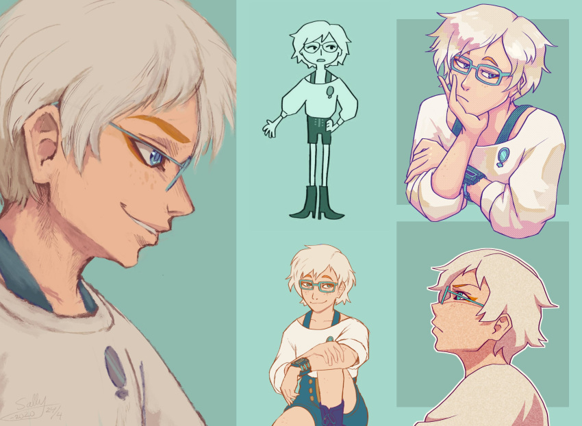 1girl, blue-framed_eyewear, blue_boots, blue_eyes, blue_shorts, boots, brooch, closed_mouth